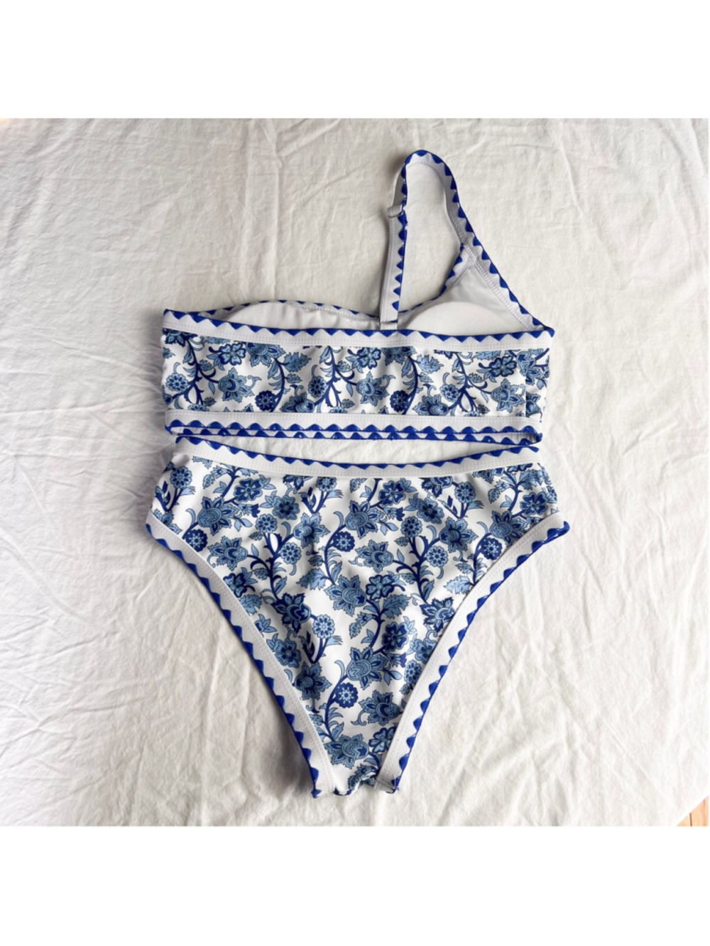 Blue White Floral One Shoulder Bikini Set Womens Sz M greek coastal cottagecore - Picture 2 of 8